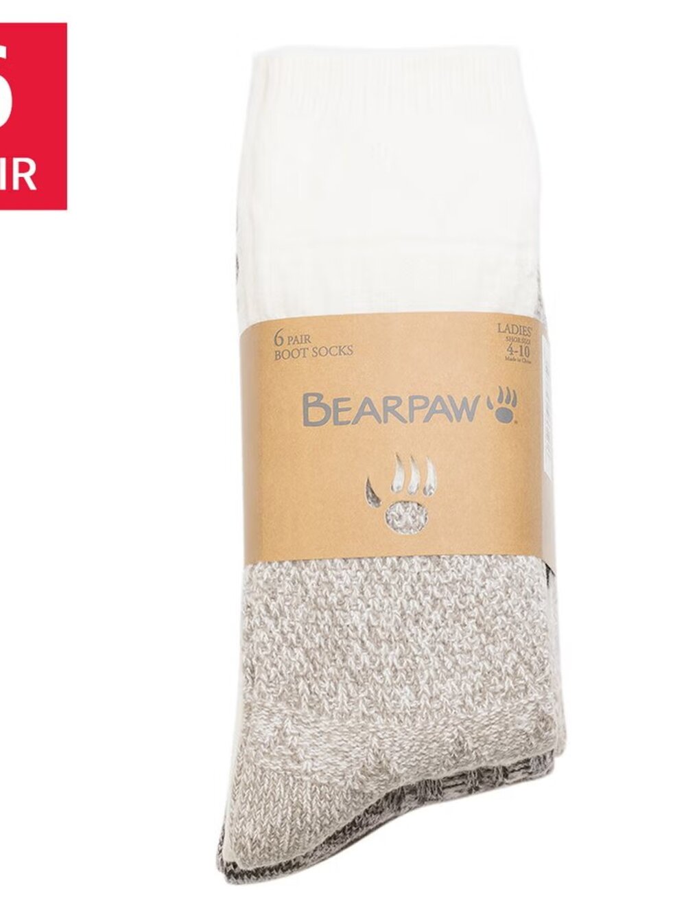 BearPaw Women's 6-Pair Boot Socks Ivory, Fits Shoe Size: 4-10, NWT